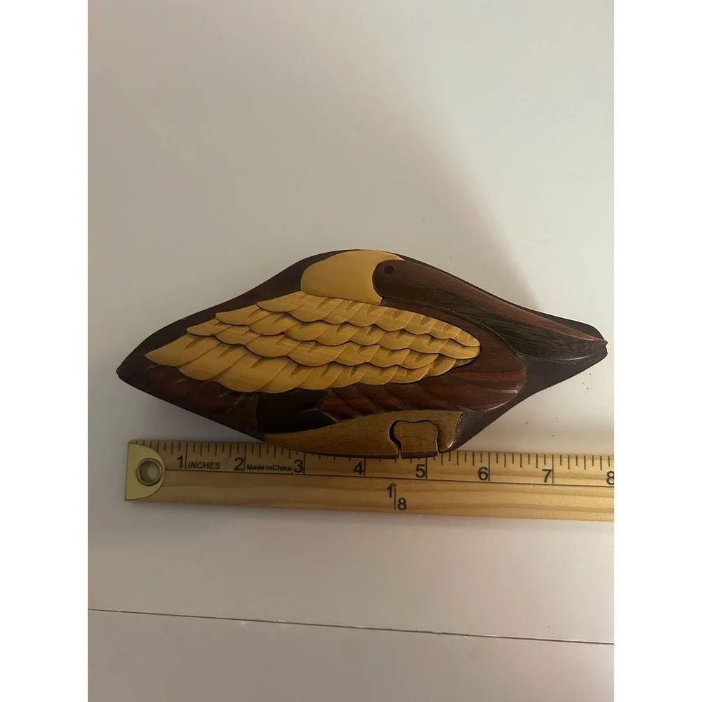 Carved Intarsia Inlaid Tropical Wood Pelican Puzzle Trinket Box Coastal Beachy
